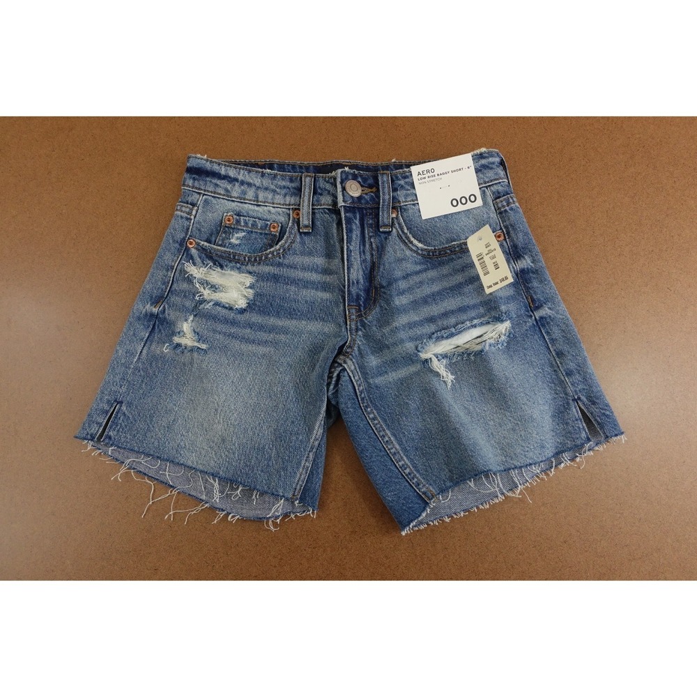 Aeropostale Womens 000 Medium Wash Ripped Denim Low Rise Baggy Cutoff Shorts NWT